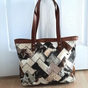 Patchwork Cow Hair on Hide and Leather Tote Bag